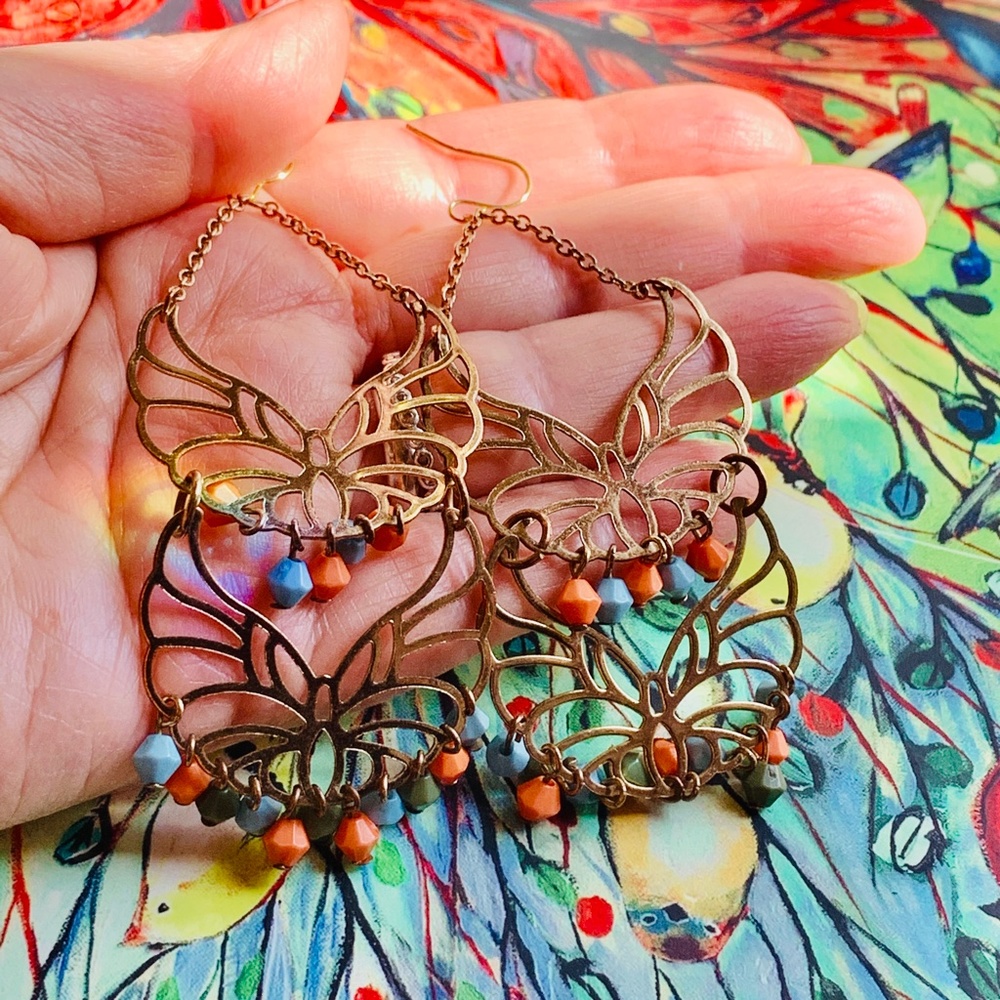 Big Boho Colorful Beaded Dangle Openwork Earrings… - image 3